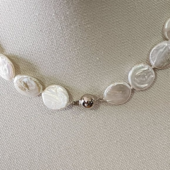 White‎ Coin Cultured Freshwater Pearl Necklace And Earring Set 925S Clasp - Picture 11 of 16